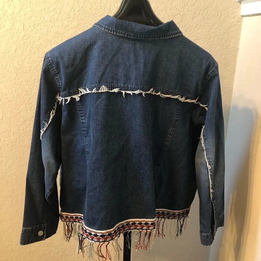Carole Little Crochet/ Fringed Denim Jacket Sz 24 Blue - Image 3