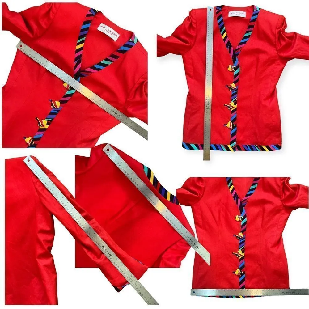 Vintage 80's Ann Lawrence Silk Blend Rainbow Striped Skirt Set Red Size 10 - Image 9