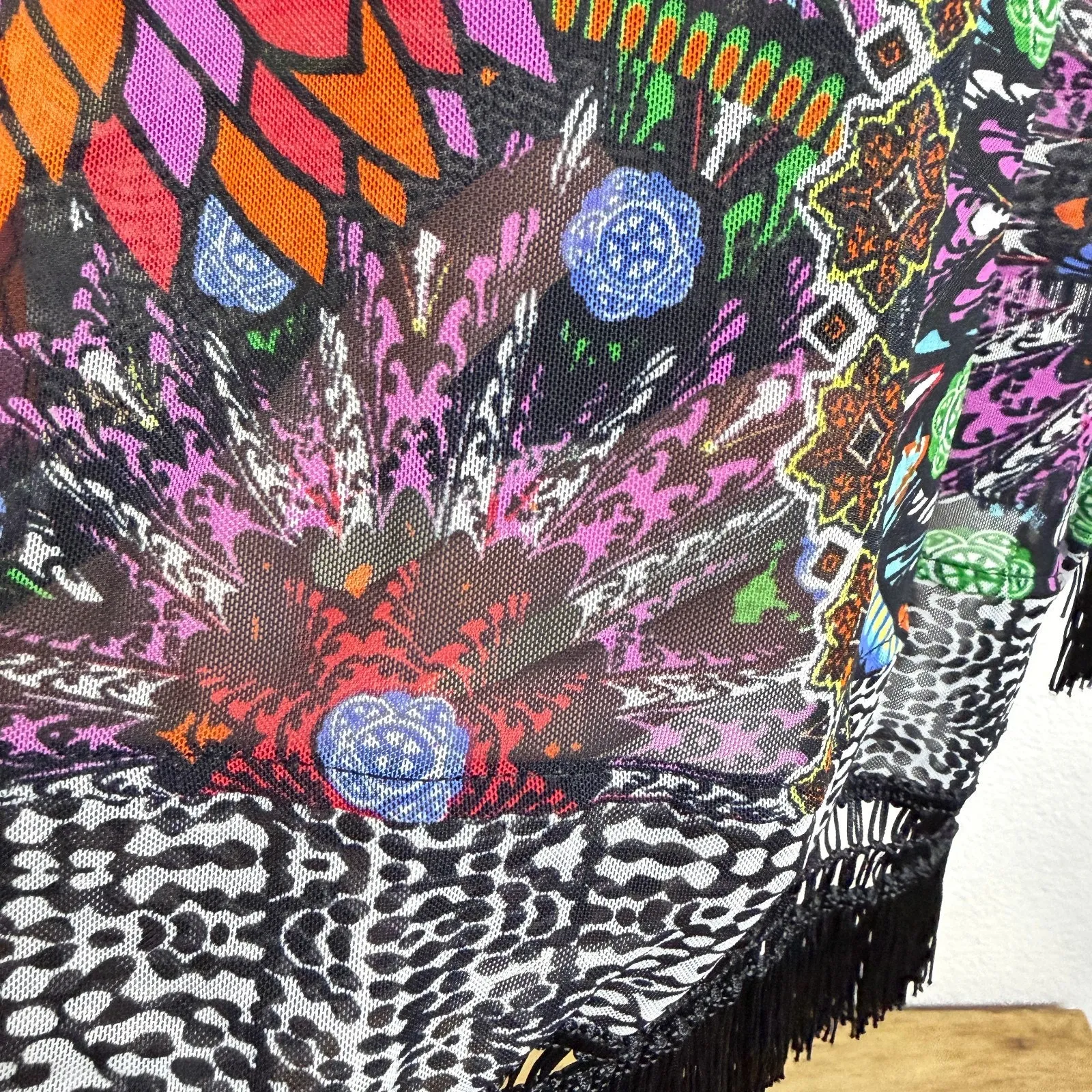 John Mark Mesh Tunic Top Womens Medium V Neck Colorful Printed Fringe Cover Up Black - Image 10