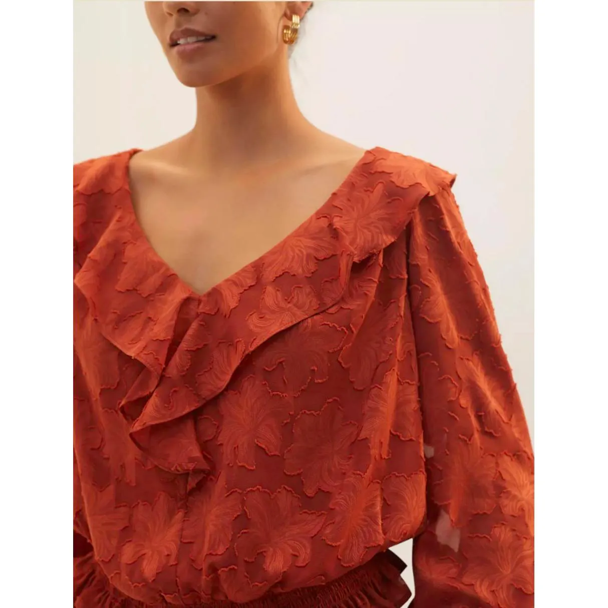 Anthropologie Rust Textured Ruffle Floral Blouse - Size - Large - Image 3