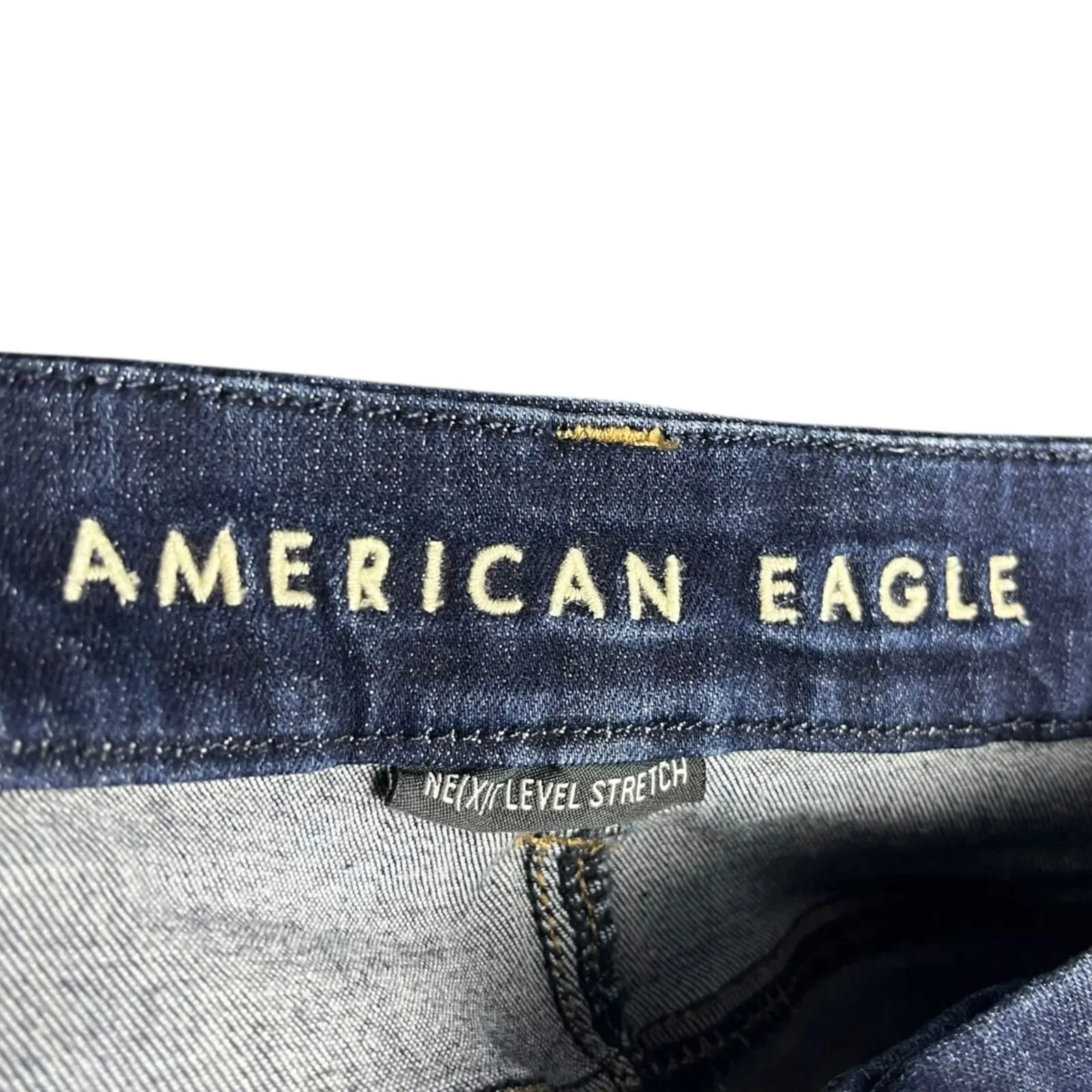 American Eagle Curvy Hi-Rise Shortie Denim Shorts Dark Wash Distressed Rips Sz 4 - Image 7