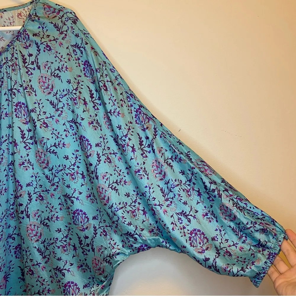 Sundance | Arielle Tassel-Neck Floral Silk Modal Peasant Blouse Teal Blue Sz XXL - Image 8