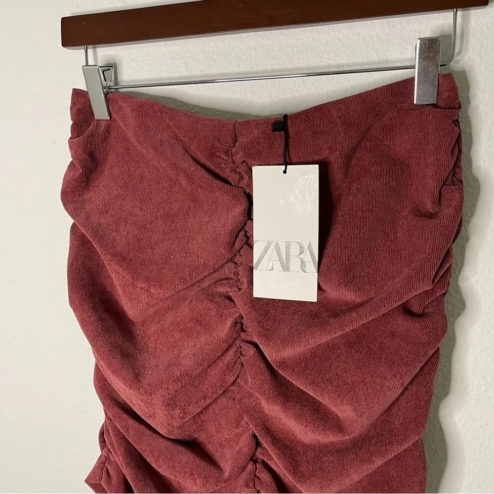 ZARA Ruched corduroy Mini skirt Burgundy Wine size M NWT - Image 4