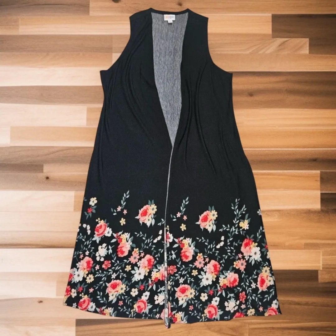 LuLaRoe Womens‎ Vest Sz S Joy Long Black Peach Red Green White Duster Floral - Image 2