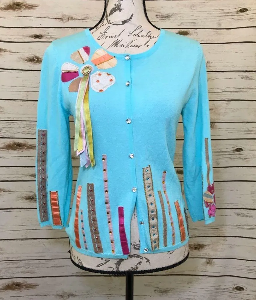 Blue Vintage Friends Floral Ribbon Spring Cardigan Size M - Image 5