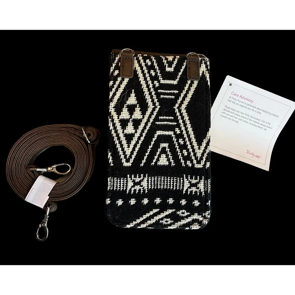 NEW Thirty One Call Me CROSSBODY Bag Purse Rio Weave Black White Saddle Brown - Image 2