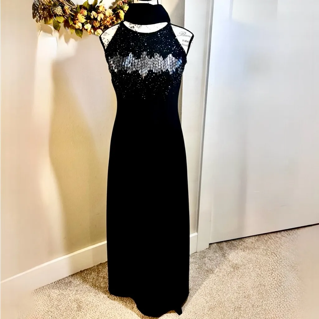 Vintage Cachet Black Beaded Gown w/ Removable Scarf Formal Evening Dress~4💛 - Image 2