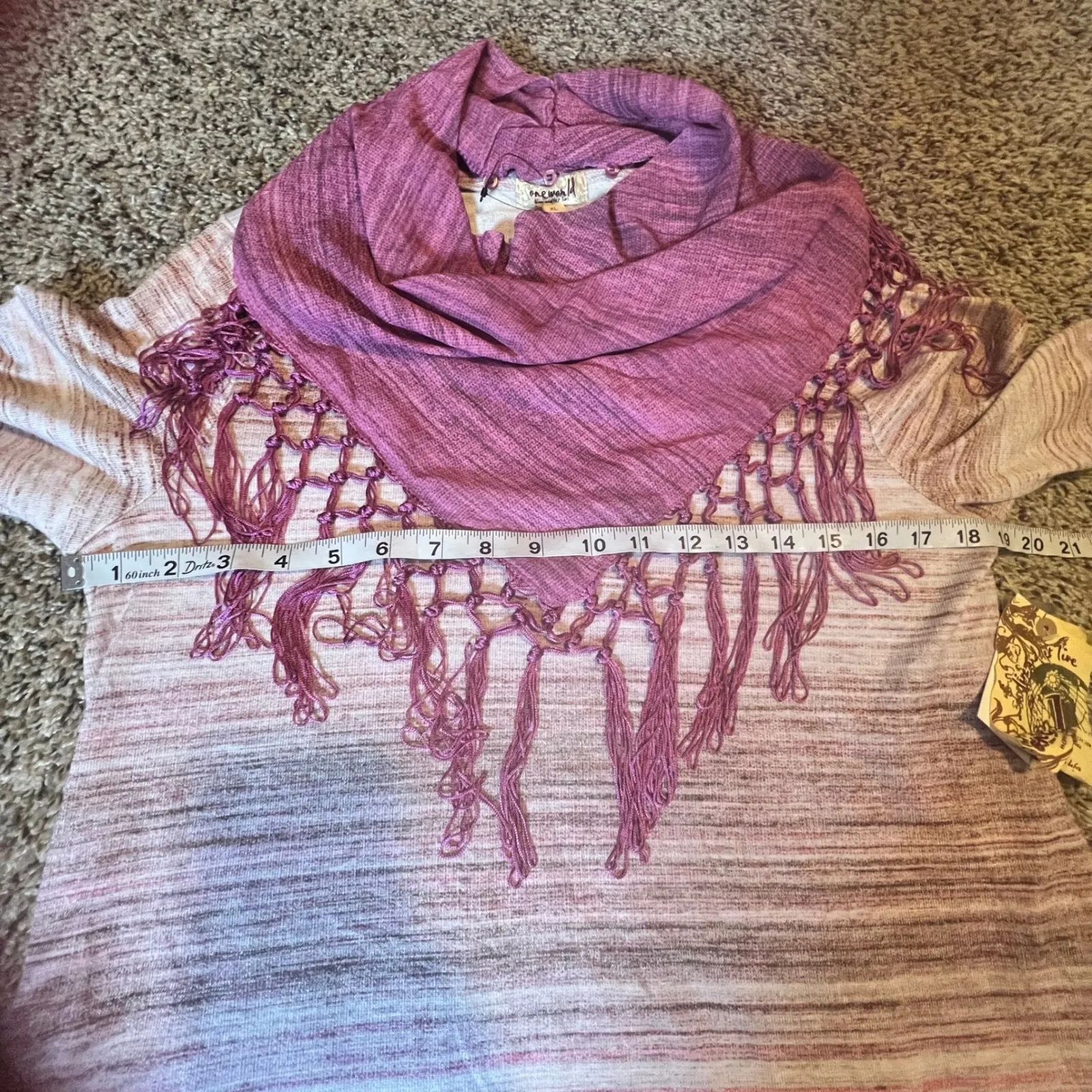 One World Cozy Knit Cowl Neck Fringe Tunic Top Pink Heathered XL - Image 6