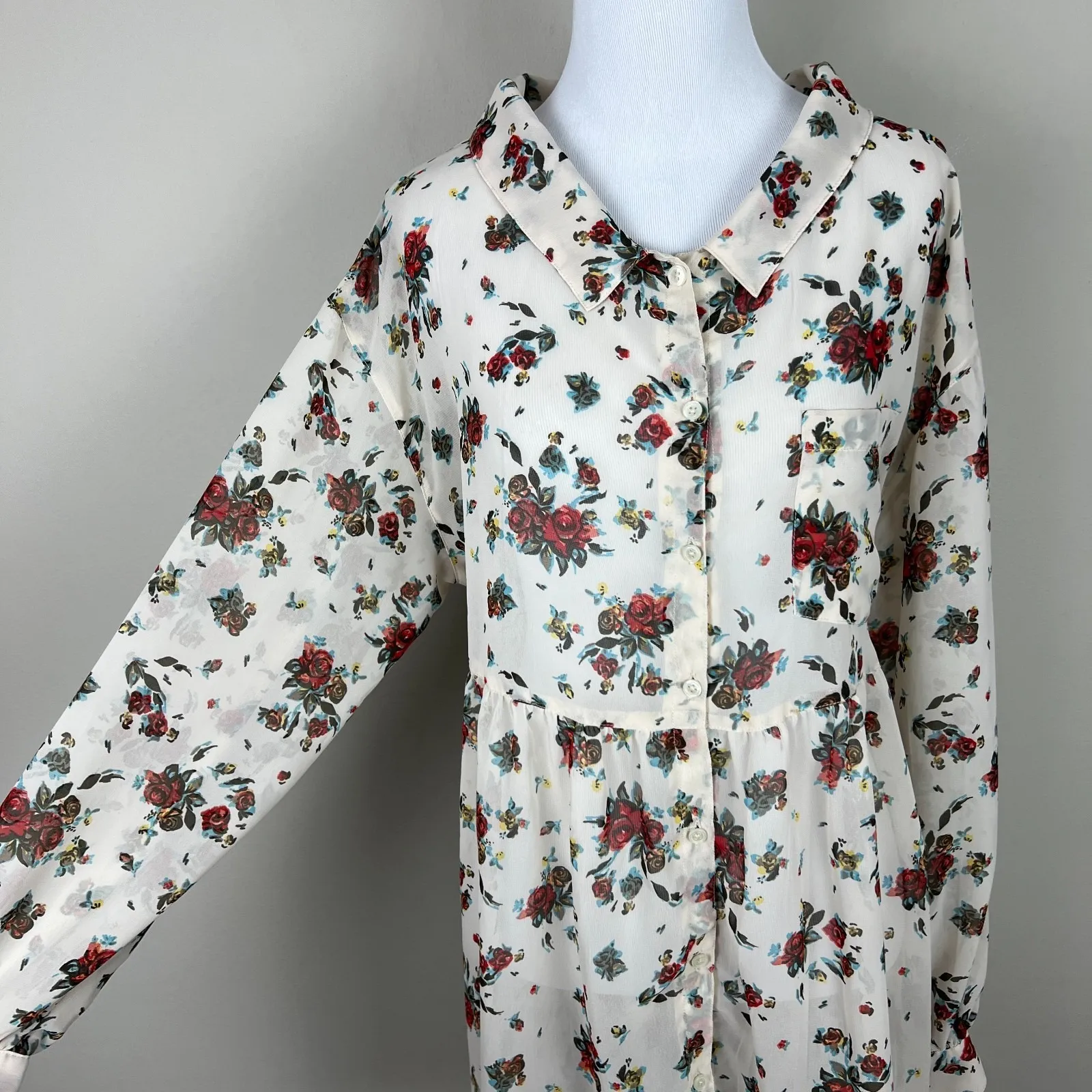 Free People Tunic Top Womens Small Drawstring Tie Back Floral‎ Sheer Bohemian S - Image 6