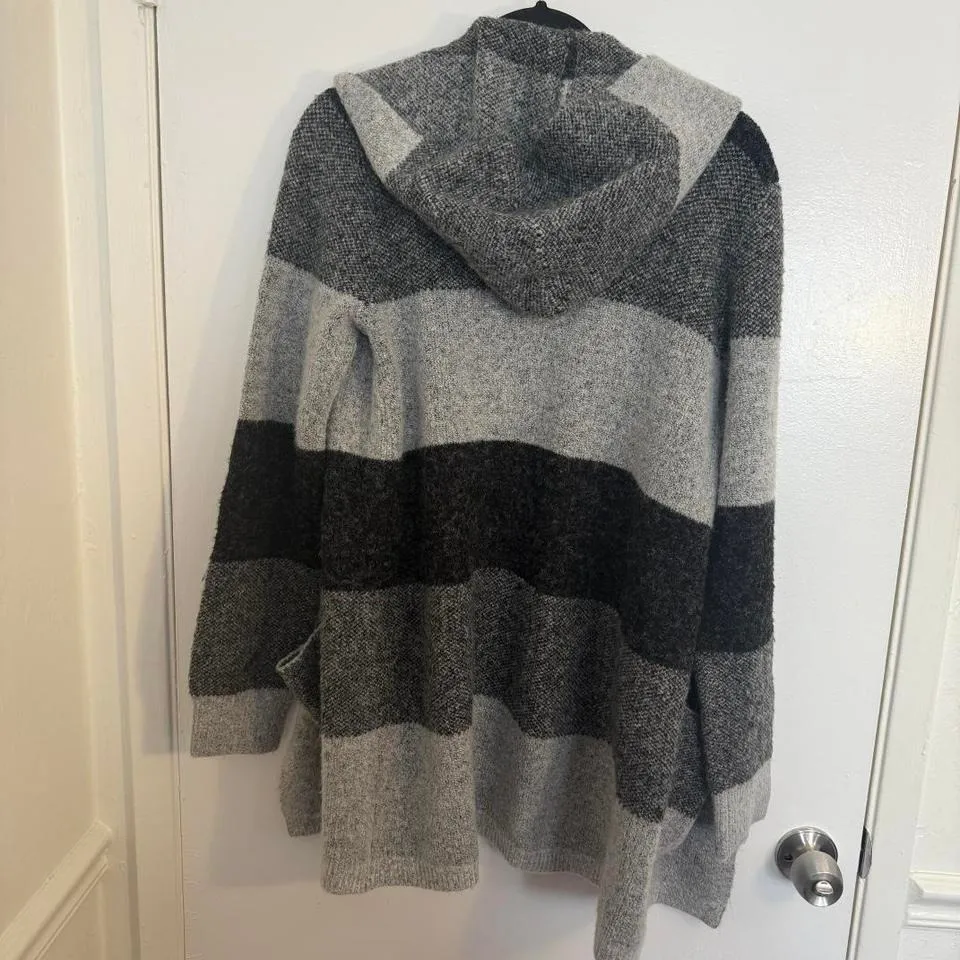 CYRUS Women's Striped Hooded Cardigan Sweater XS Black Grey Open Front Pockets - Image 7