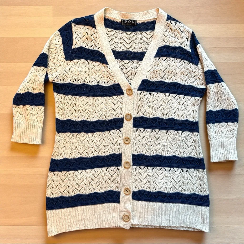 POL Boho Striped Open Knit Cardigan Sweater L Coastal Grandma Festival Layering - Image 5