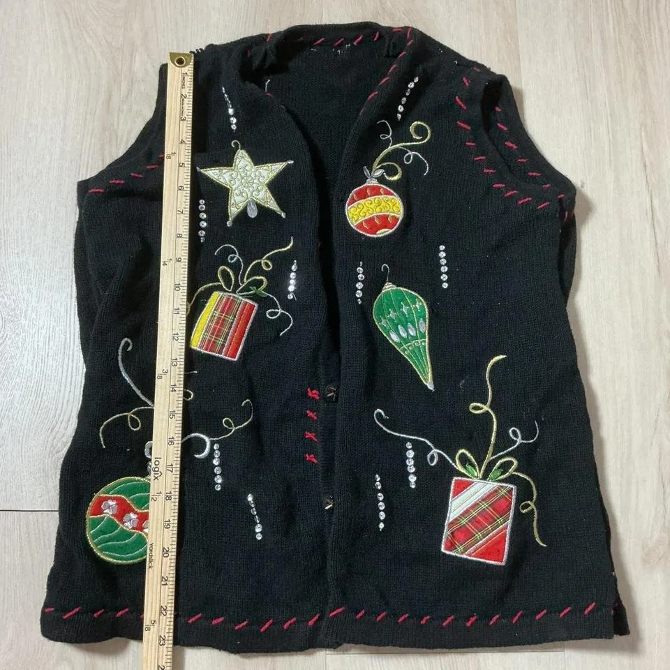 Womens Black Christmas Vest Ugly Sweater Style Ornaments Star Gifts Rhinestone Size M - Image 7