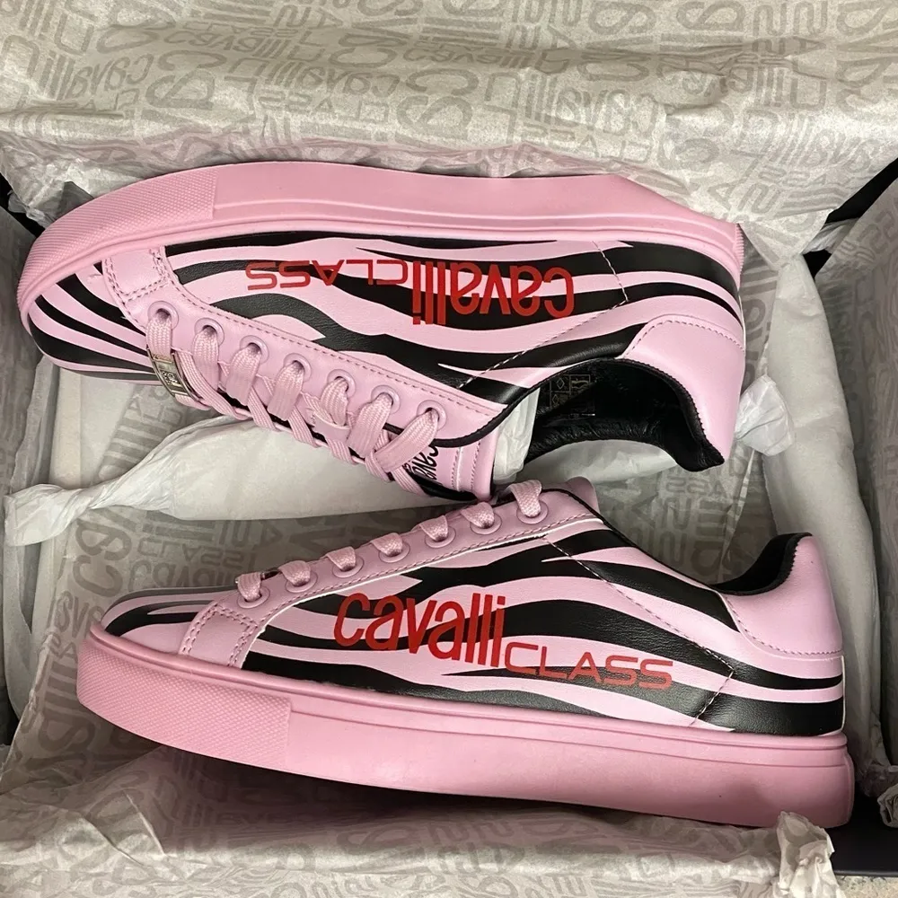 NEW Roberto Cavalli Zebra Print Tennis Shoe Pink Black - Image 2