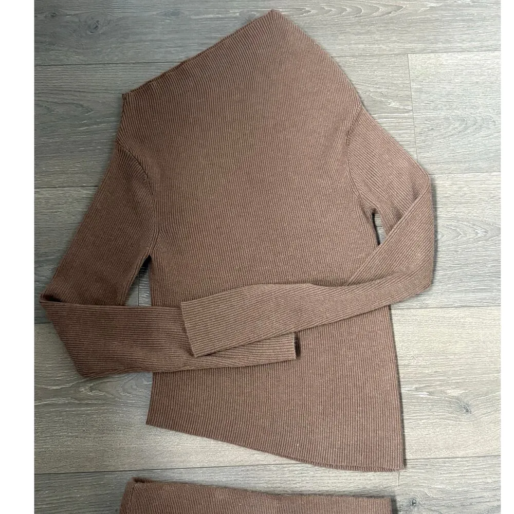 Commense NEW Caramel Slit Maxi Knit Set Skirt and Top Size M Ribbed Asymmetrical Brown Size M - Image 6