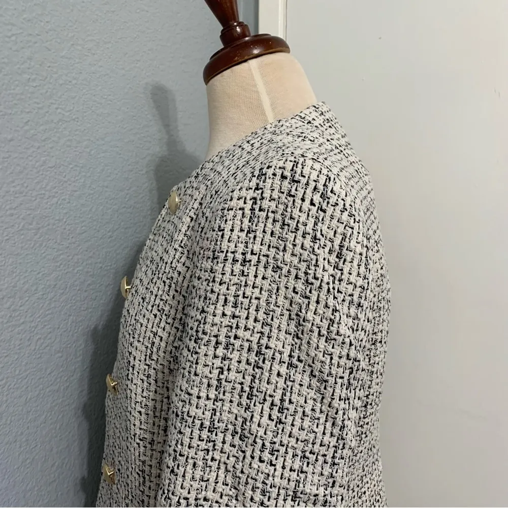 ZARA New Women Luxury Ecru Black Fitted Textured Round Collar Blazer Size L - Image 15