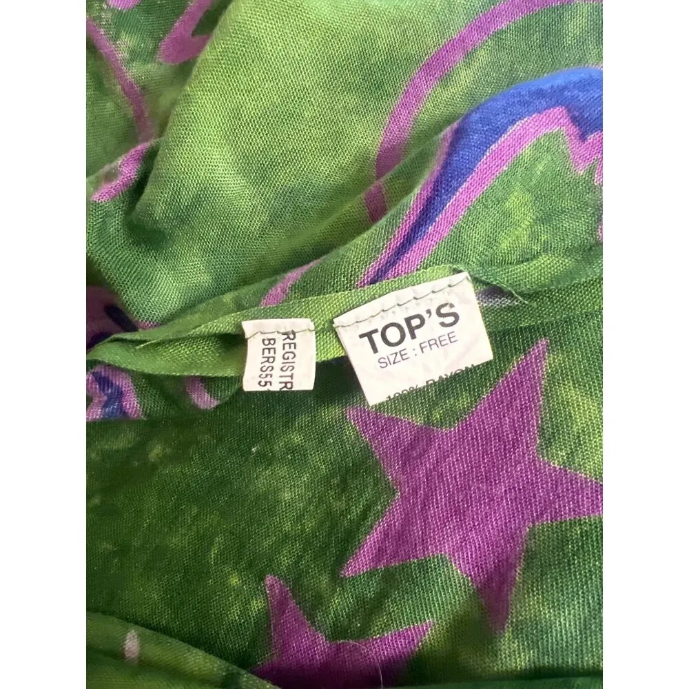 Celestial Print Green Purple Fringed Shawl Wrap Astrology Sun Moon 68" x 45" - Image 5