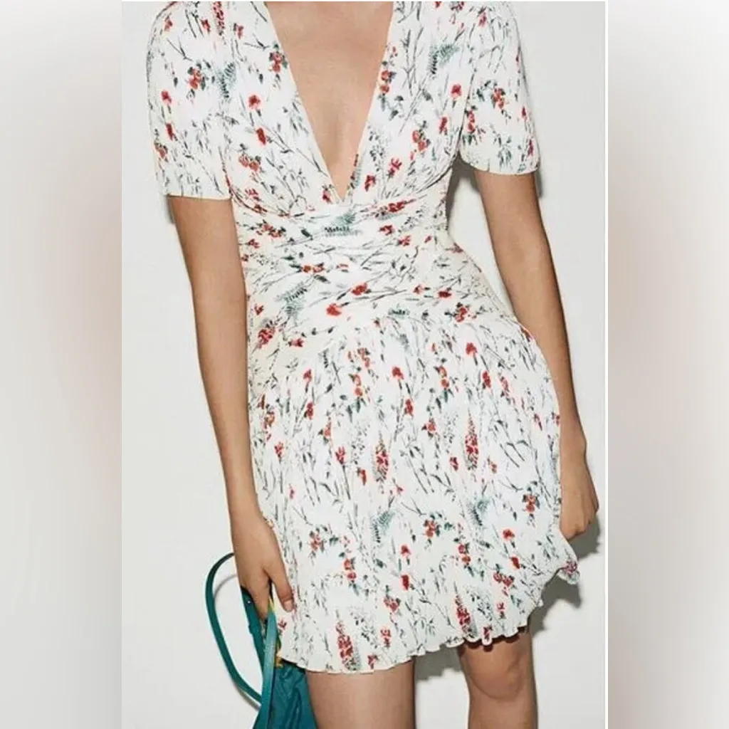 Maje Rasion Plisse Floral Mini Dress Sz 2/ Medium White Feminine Fairy Dainty - Image 3