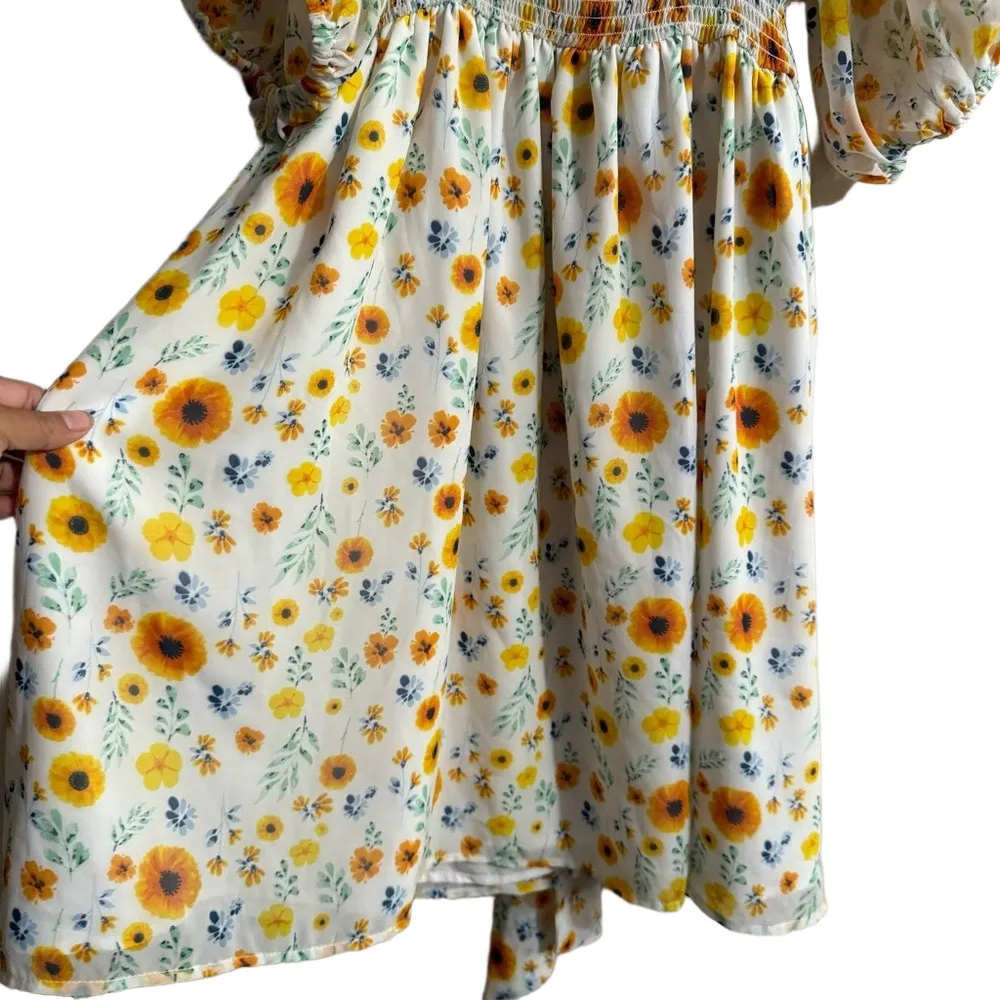 ASOS DESIGN Belted Mini Off Shoulder Dress in White and Yellow Botanical Floral - Image 6