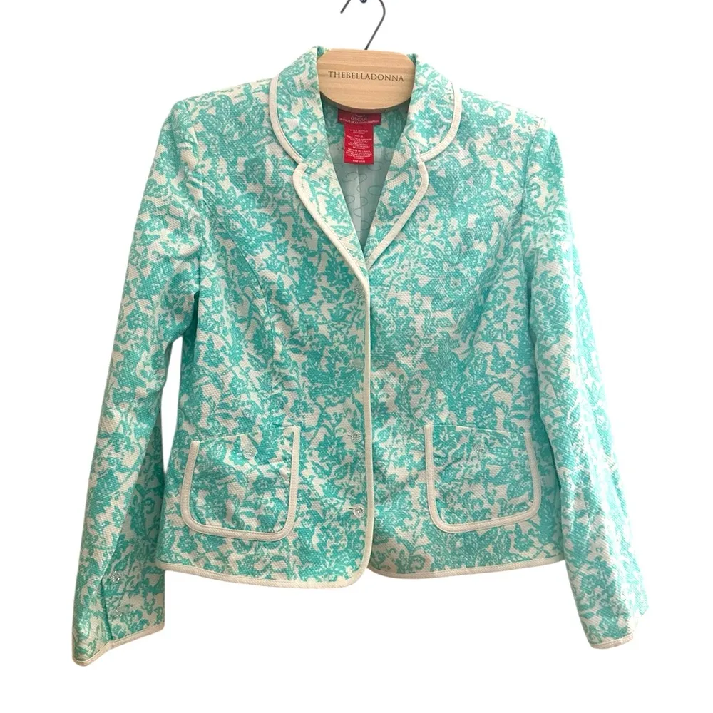 OSCAR VINTAGE OSCAR DE LA RENTA AQUA BLUE WHITE BLAZER JACKET CRYSTAL BUTTONS 8 - Image 2