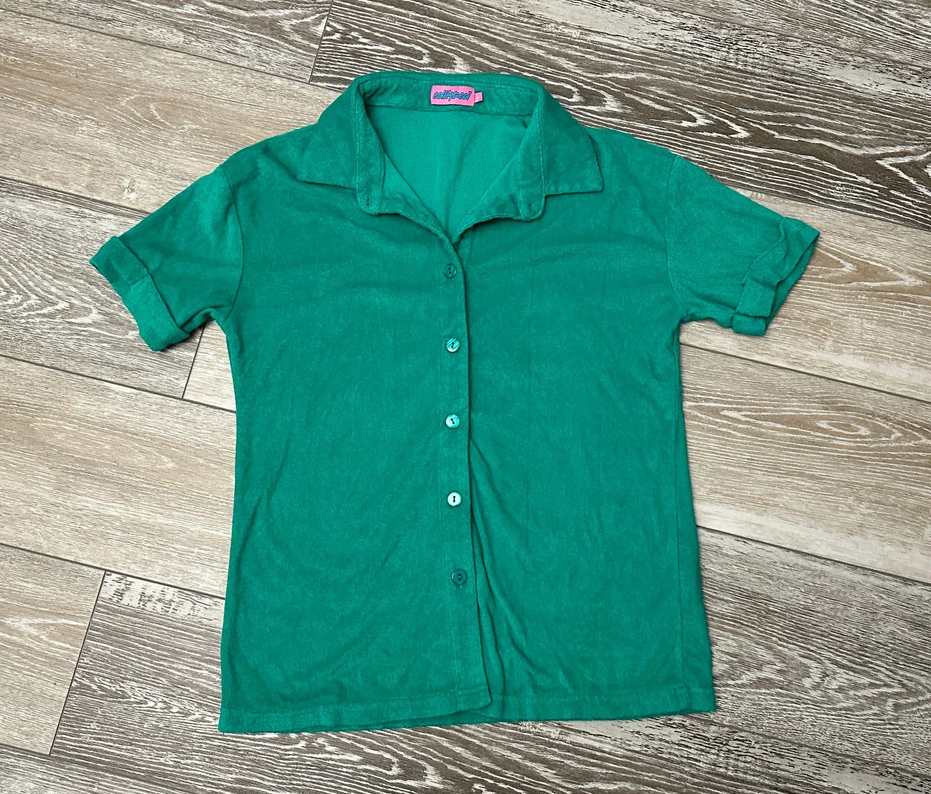 Sz S Green Terrycloth Short Sleeve Top Button Down Shirt Terry Cloth - Image 2