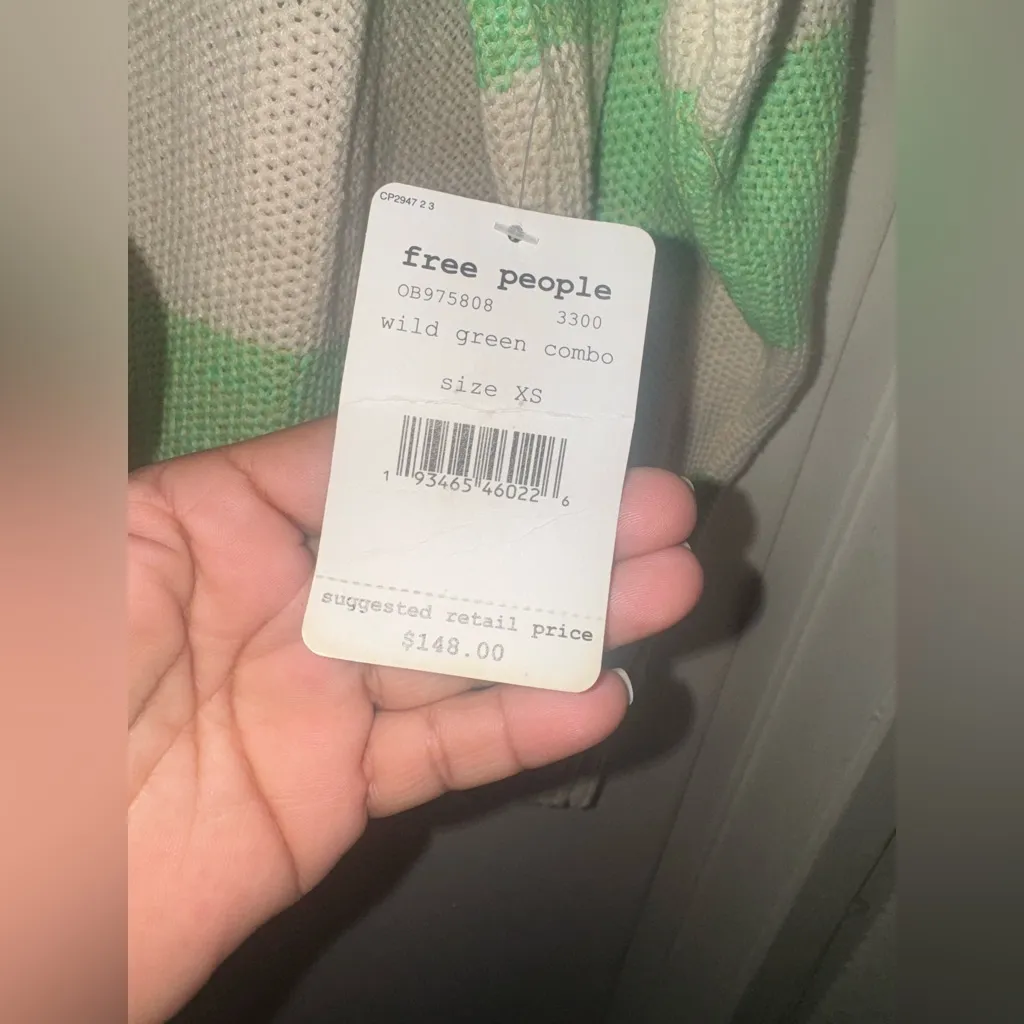 Free People Mint and Cream Striped Crew Neck Sweater - Image 5