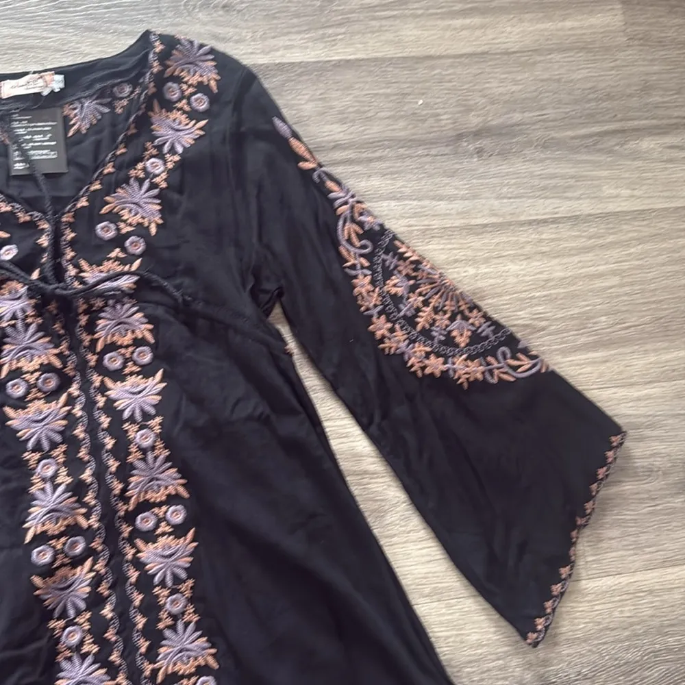 Black Long Sleeve Bell Sundress with Embellished  Boho Embroidered Hi lo Dress - Image 4