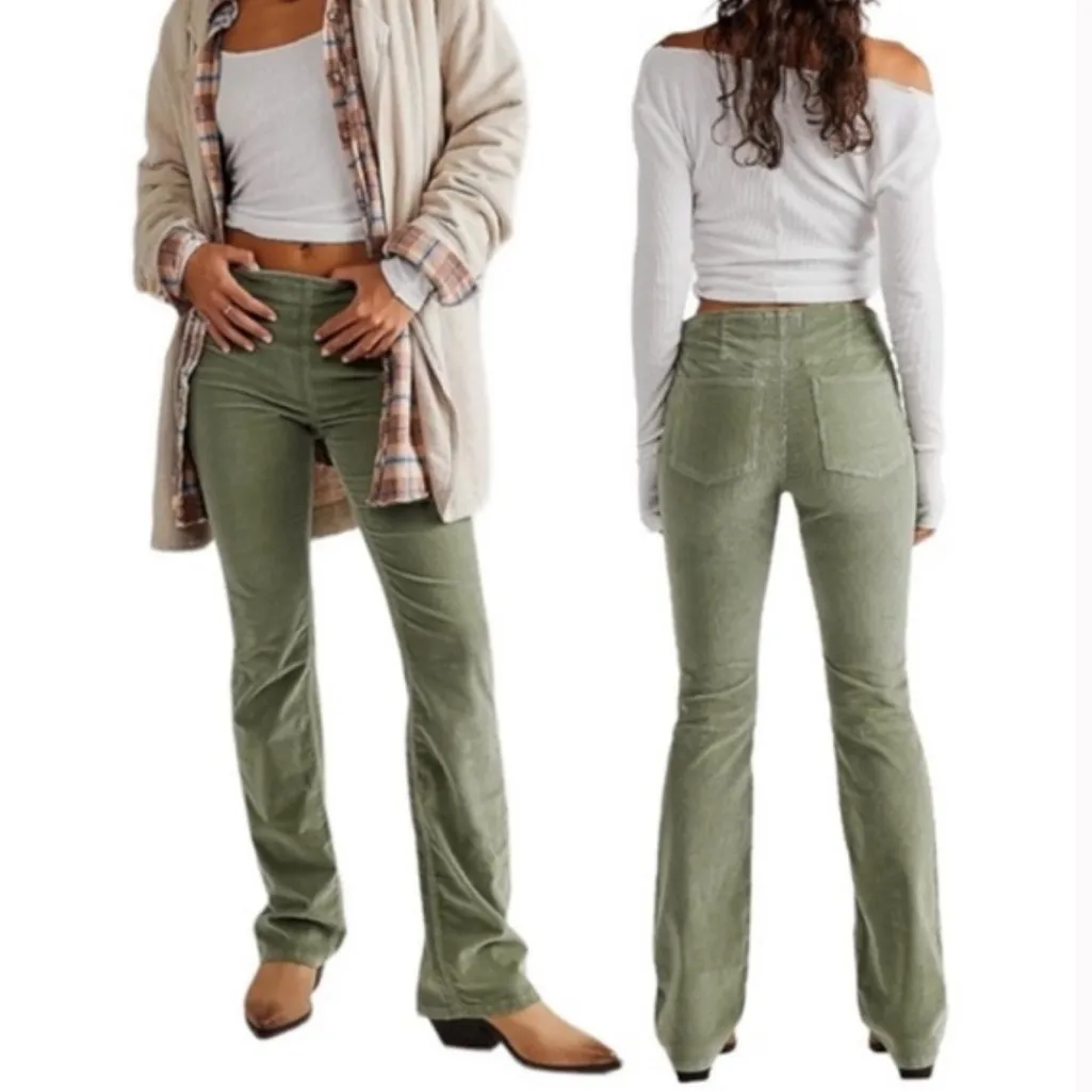 Free People Jenny High Rise Skinny Flare Pants Green Corduroy Size 28 - Image 2