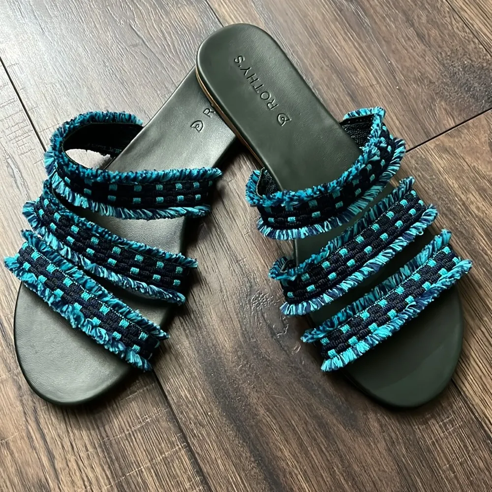 NEW Rothy’s Triple Band Teal Navy Blue Fringe Sandals Size 11 - Image 2