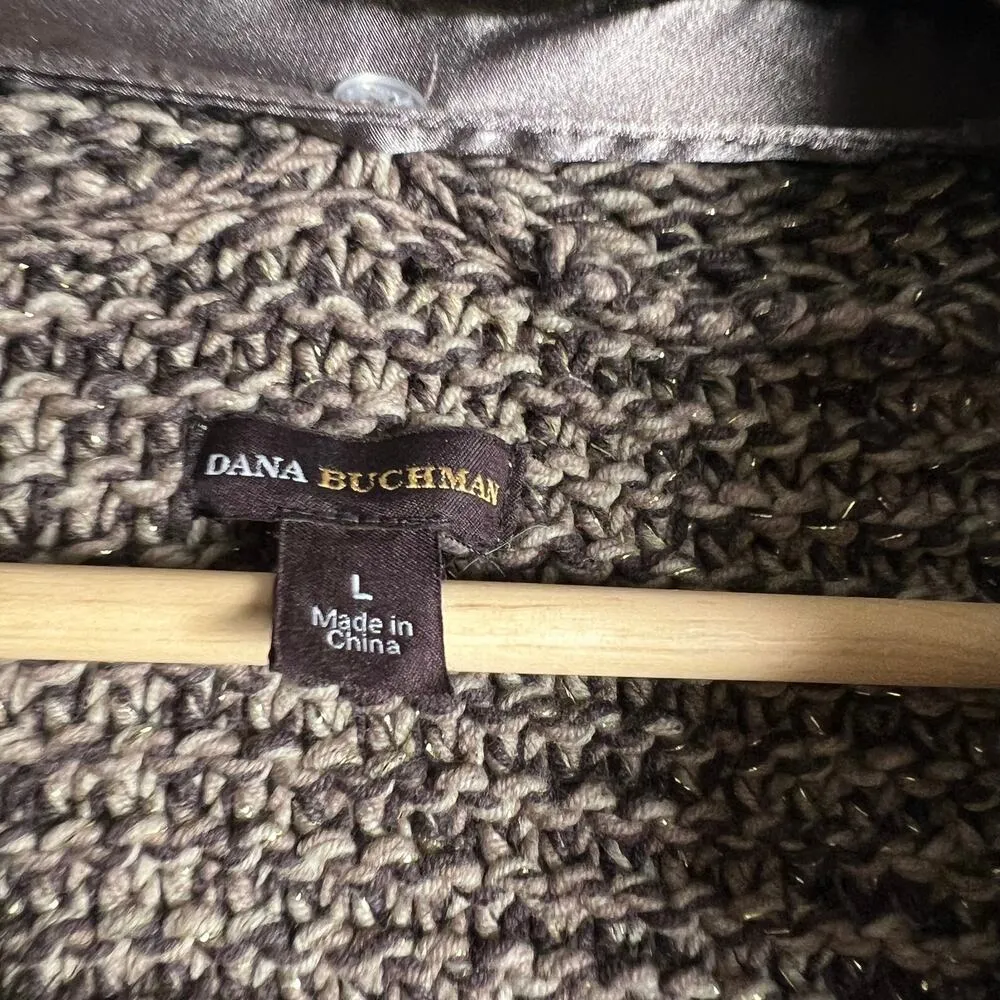 Dana Buchman Brown Chunky Knit Faux Fur Collar Cardigan Jacket L - Image 2
