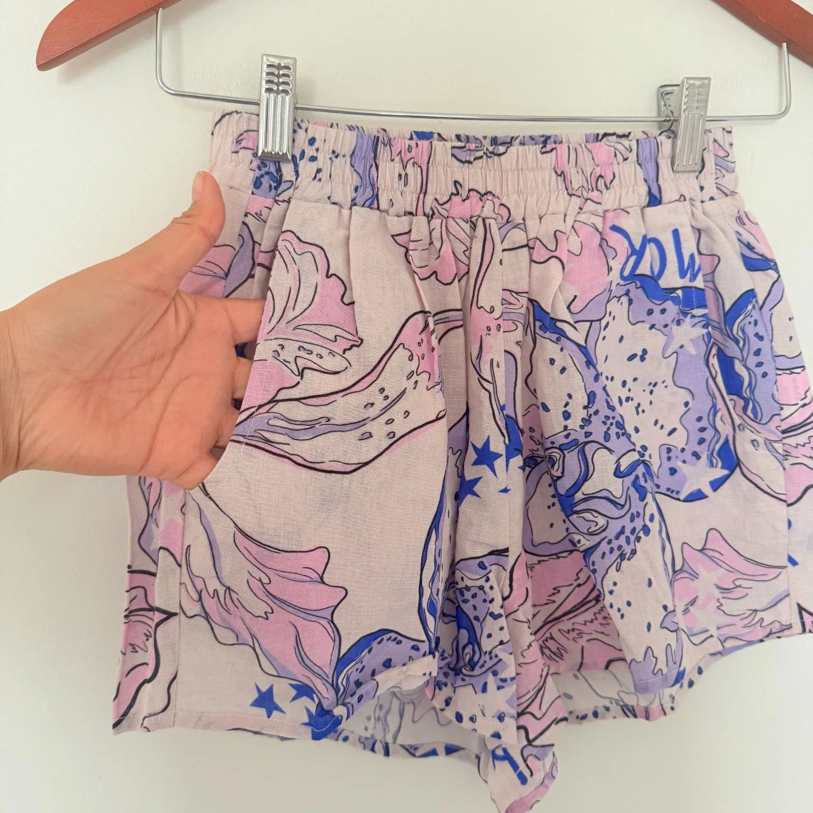 Las Sureñas Amor Blue Linen Blend Elastic Waist Lightweight Pool Day Shorts Sz S White - Image 11