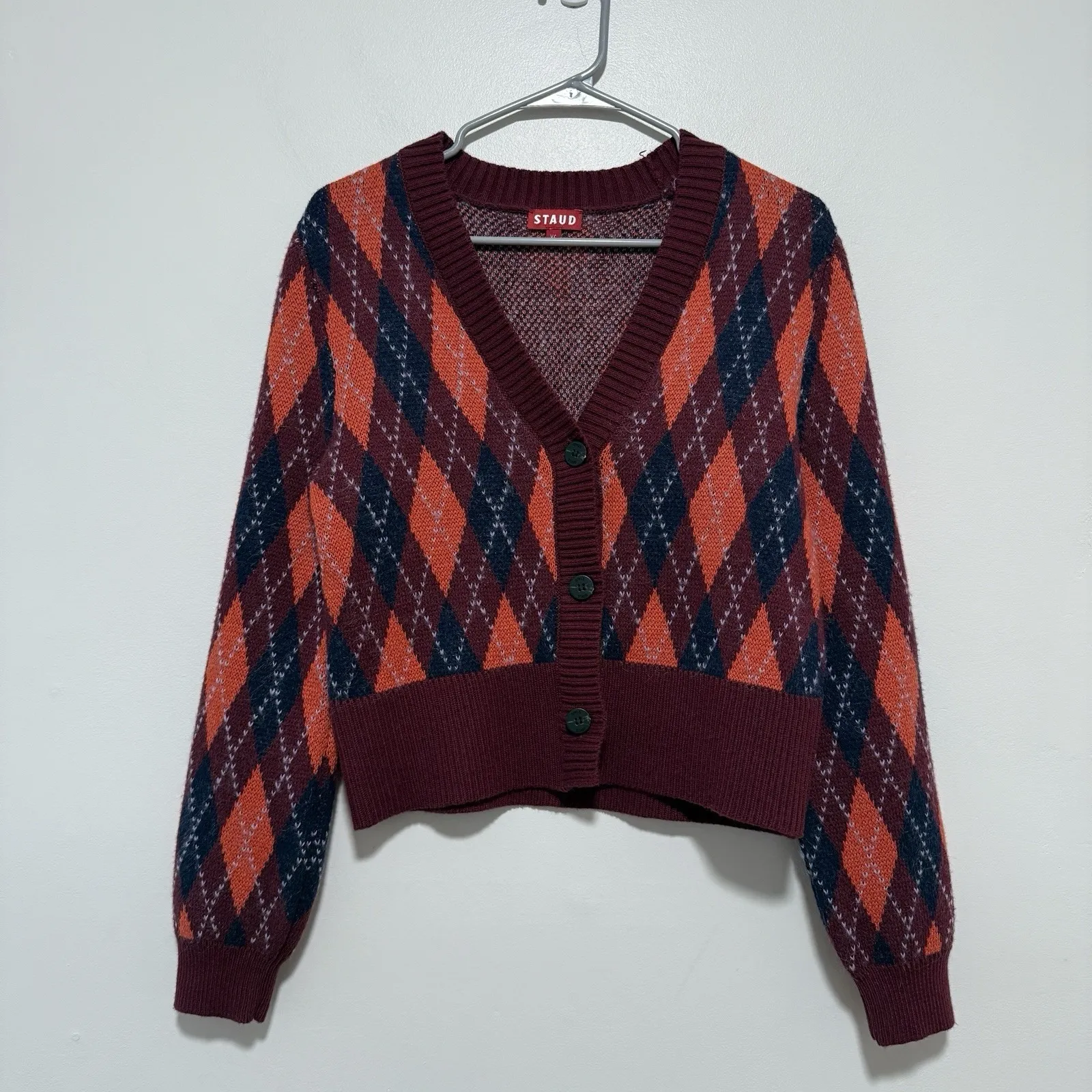 Staud NWT Knave Bordeaux Argyle Cardigan Sweater Size XS - Image 4