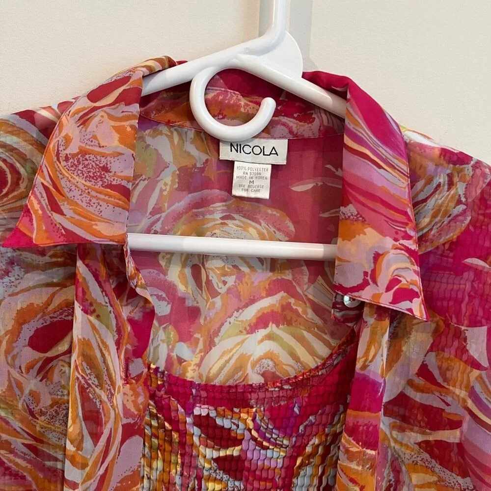 Nicola Top Women M Blouse Pink Orange Floral Pop Over and Tank Floral Spring Size M - Image 4
