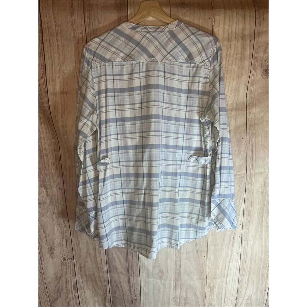 ExOfficio Shirt Womens Large Blue Pink Plaid Long Sleeves Button Outdoor Hiking - Image 7
