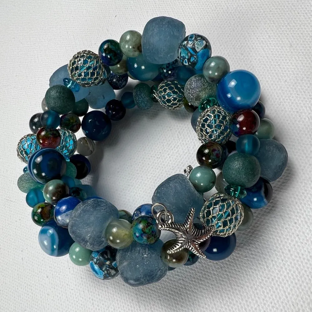 None Hand Beaded Coil Statement Bracelet Beachy Turquoise Beads and Mixed Metals - Image 3
