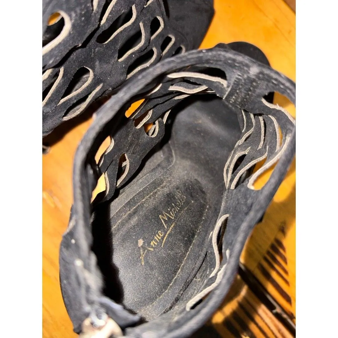 Anne Michelle Bootie Size 8 Black Suede Cutout Stiletto Heel Peep Toe Zip - Image 8