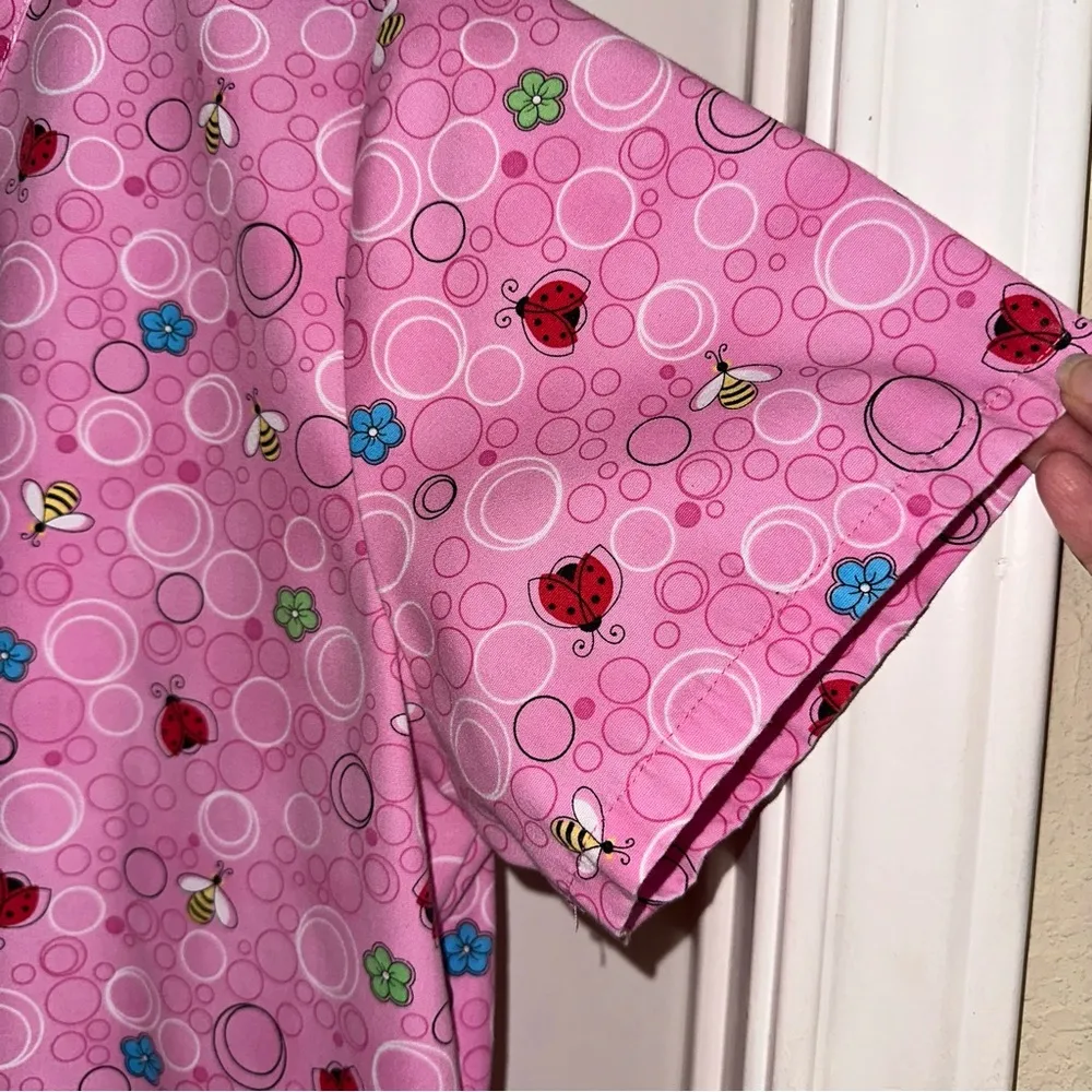 SB Scrubs pink ladybug bumblebee flower nurse smock scrub shirt women XS - Image 6