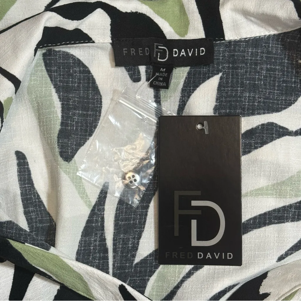 Fred David NWT  White Black Green Floral Leaf Adjustable Belted Dress Size Medium - Image 9