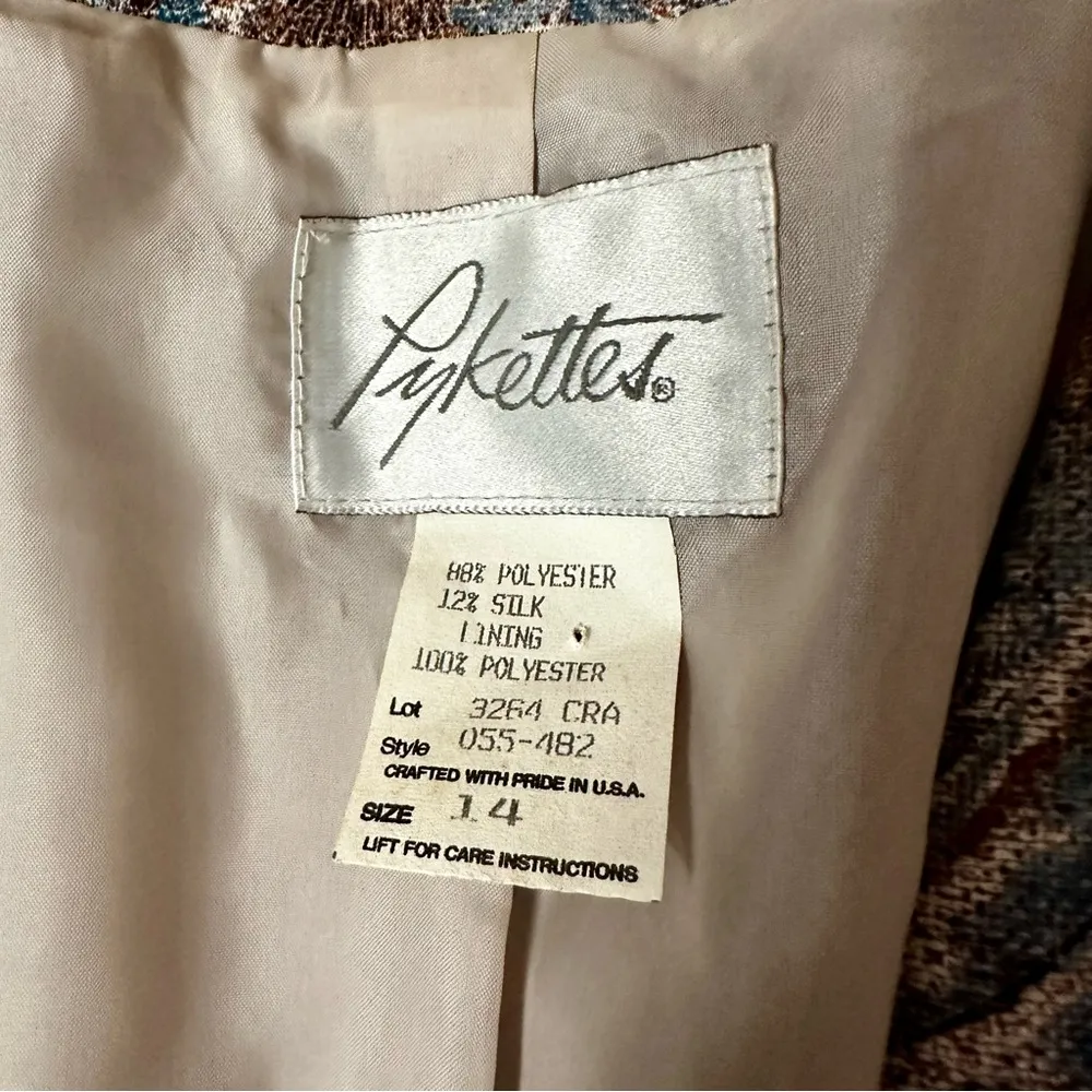 Pykettes Silk Blend Vtg Women Sz 14 80s Open Jacket Blazer Blue Brown Tapestry - Image 4