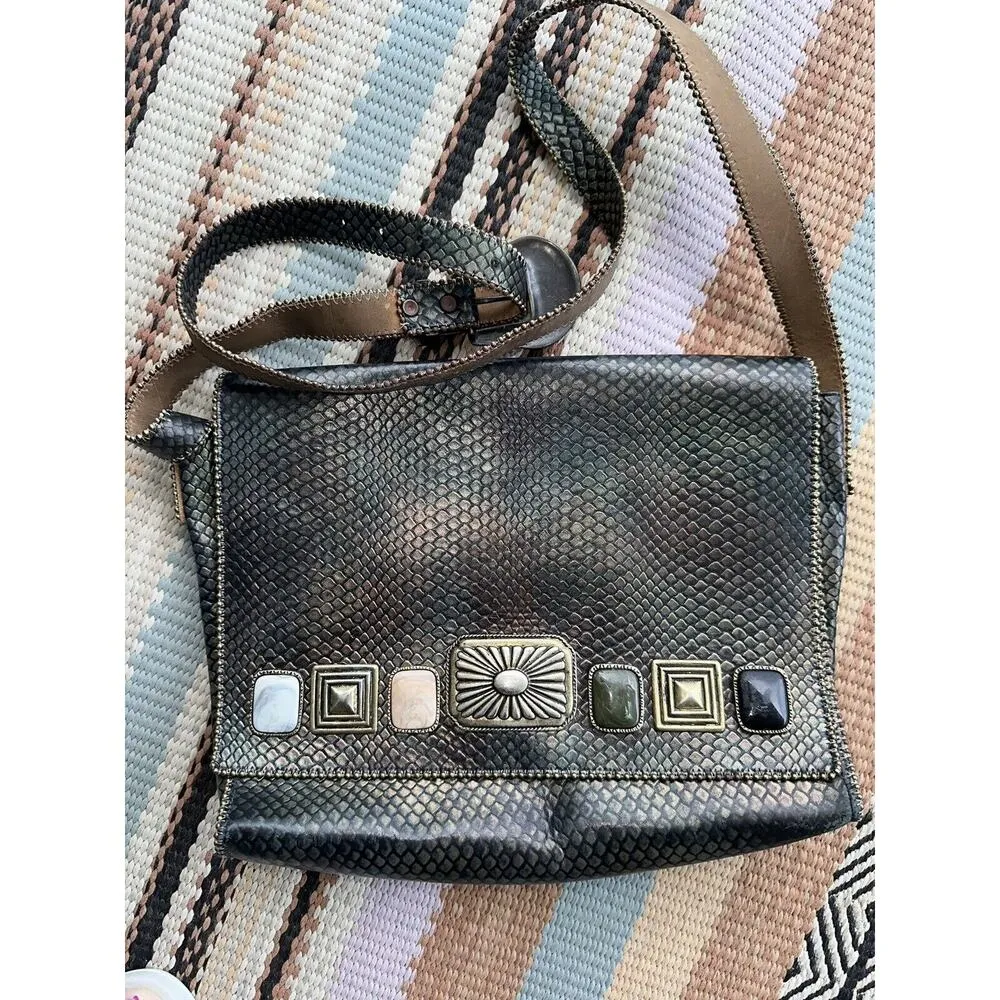 1992 Nina Arjani Leather 12x10" Shoulder Bag Cross Body Metallic Gold Snakeskin Black - Image 8