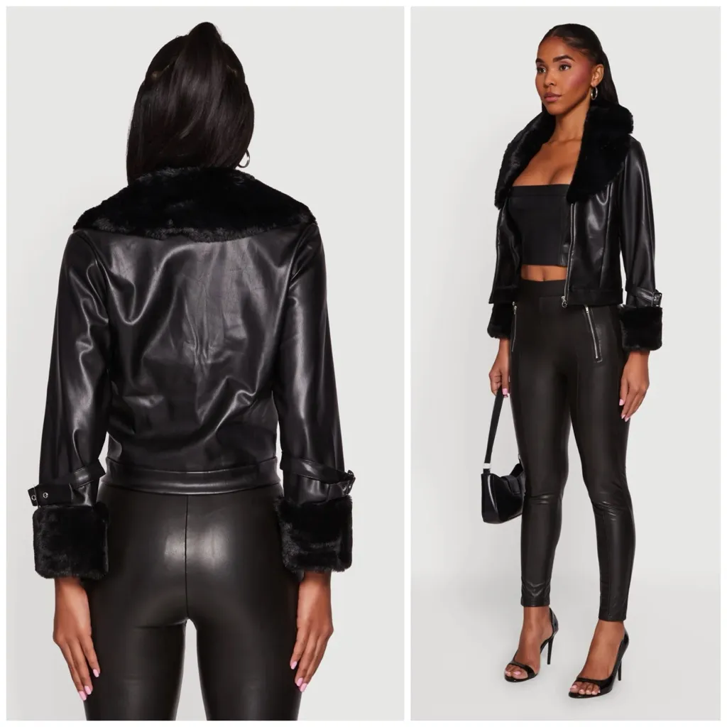 Savage Love Black Faux Leather Jacket Faux Fur Shawl Collar Zip Up XL - Image 5