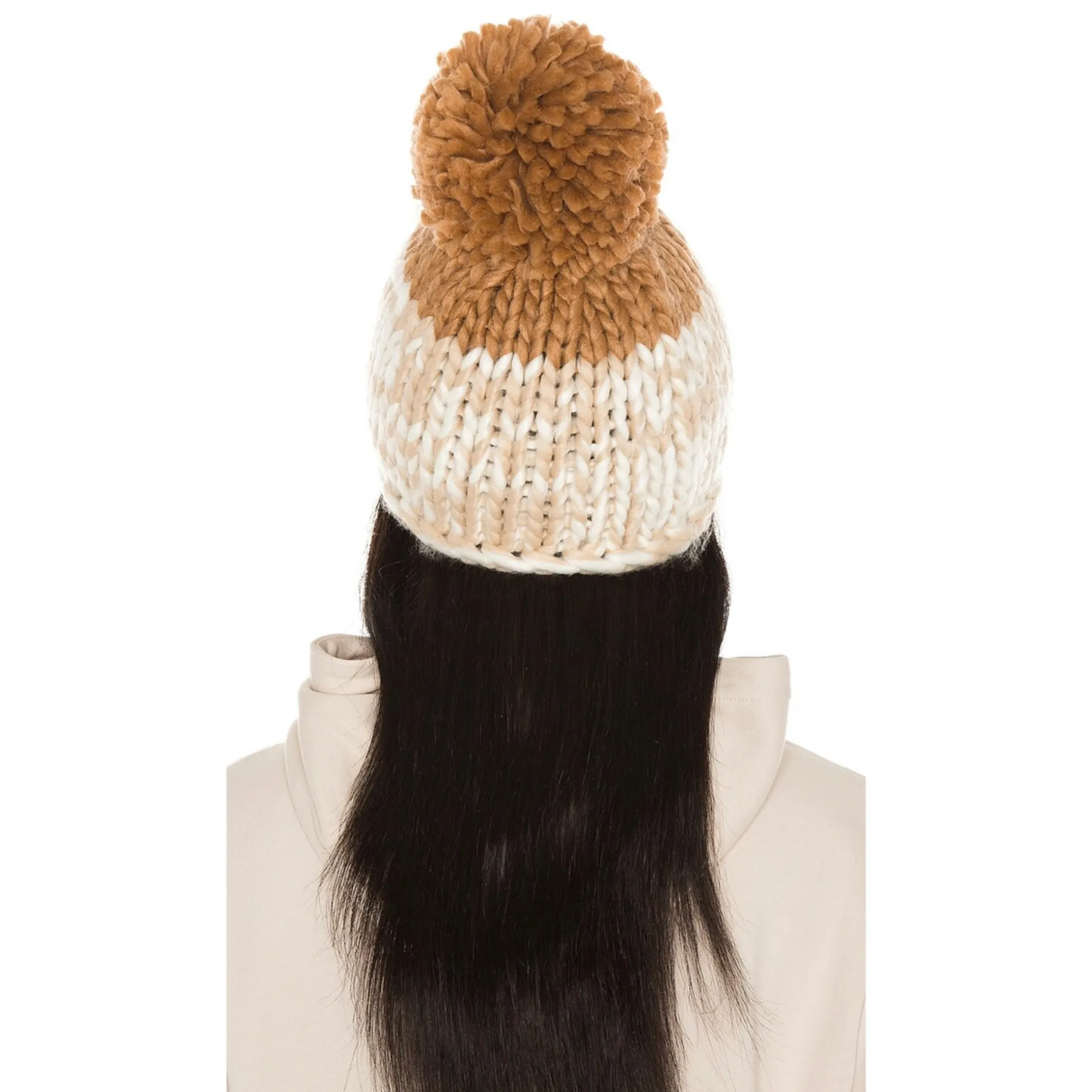 Cozy Up Color Block Pom Beanie in Oat & Camel - Image 7