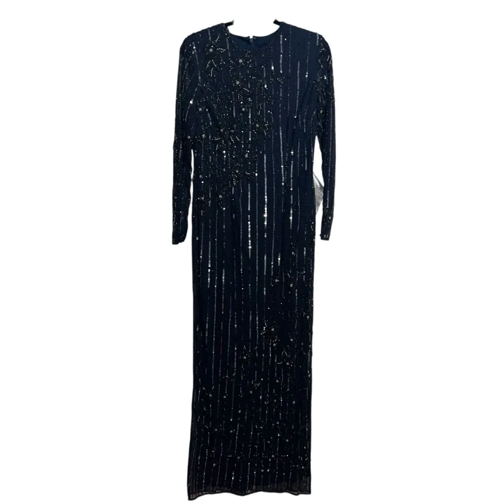 NEW NWT Mac Duggal Embellished High Neck Illusion Long Sleeve Gown Navy Blue - Image 3