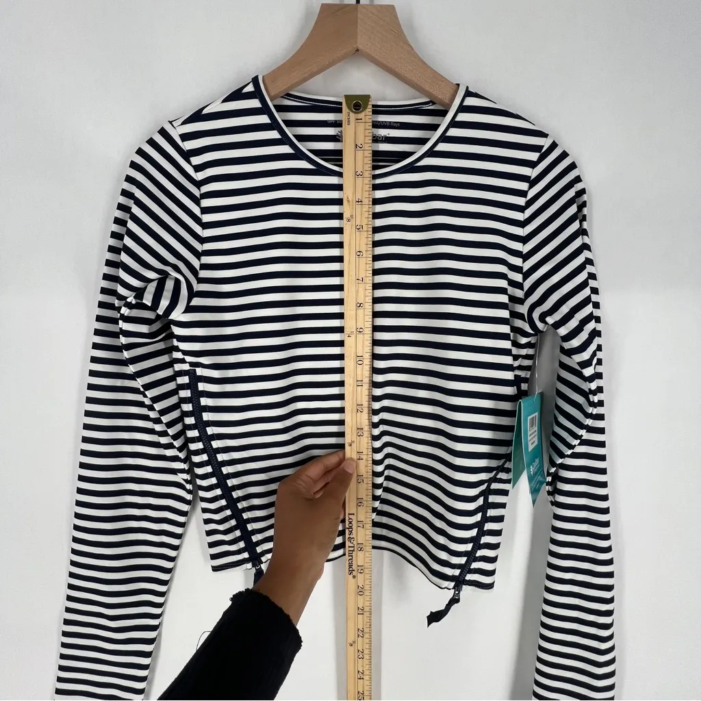 Coolibar Bayfront Rash Guard Bra Top Long Sleeve Zipper Sides Striped NWT Size M Blue Size M - Image 15