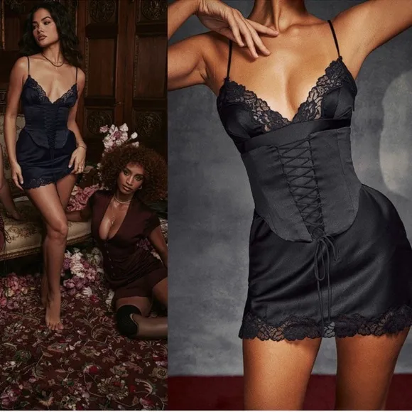 NWOT House of CB Soraya navy blue Satin Lace Corset Mini Dress sz L - Image 3