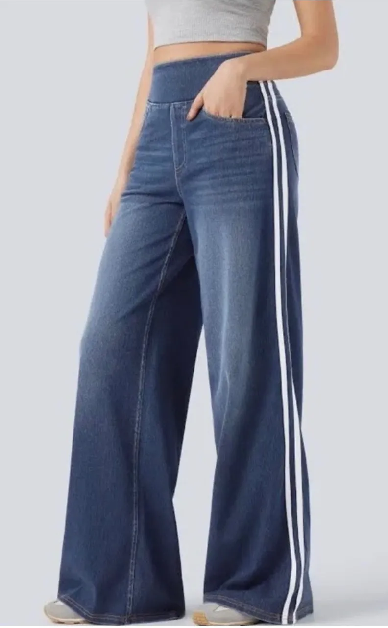 Halara Flex High Waisted Stripe Wide Leg Flowy Casual Jeans Blue LARGE NWOT - Image 1