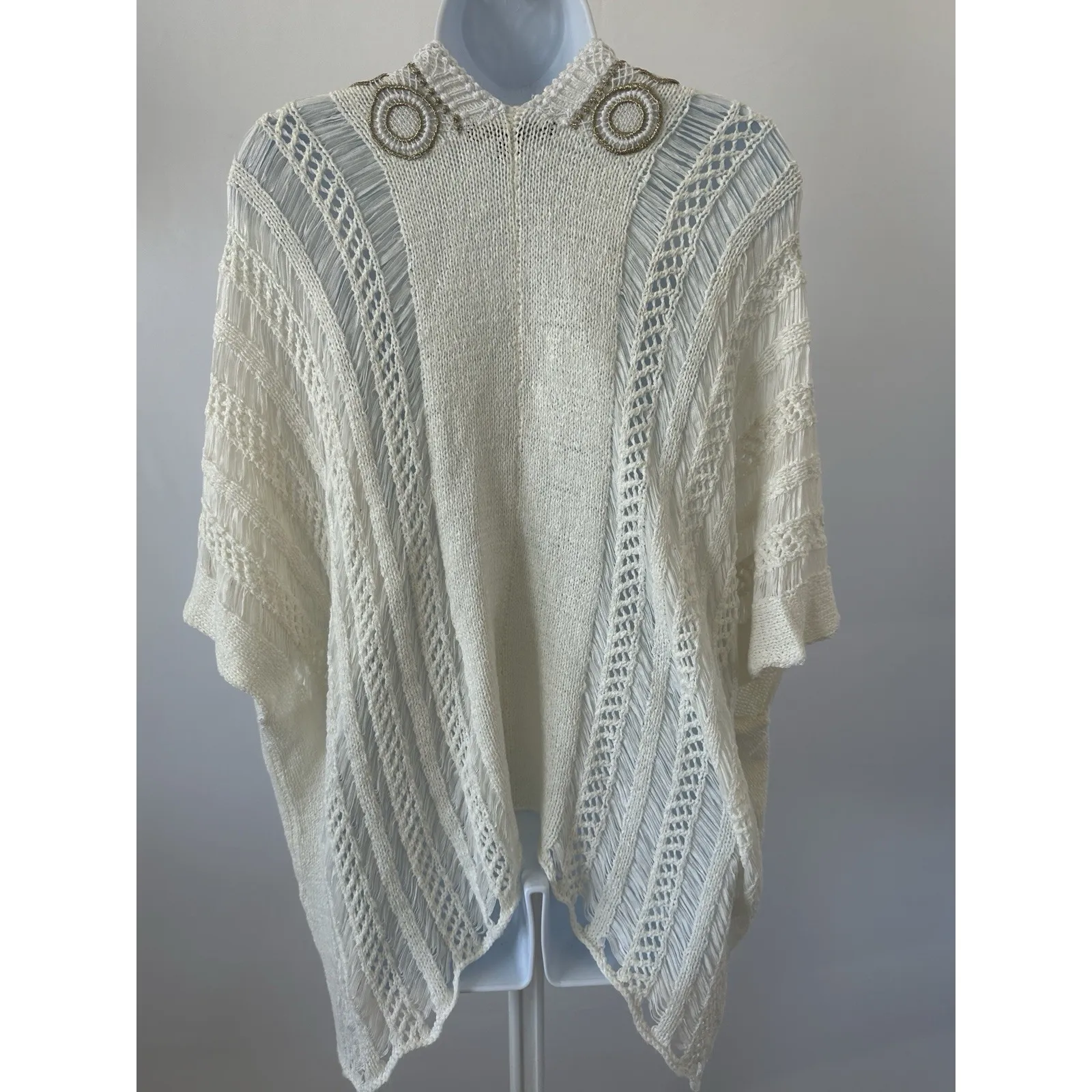 Boston Proper S M Ivory Gold Embroidered Crochet Poncho Sweater (b8) - Image 3