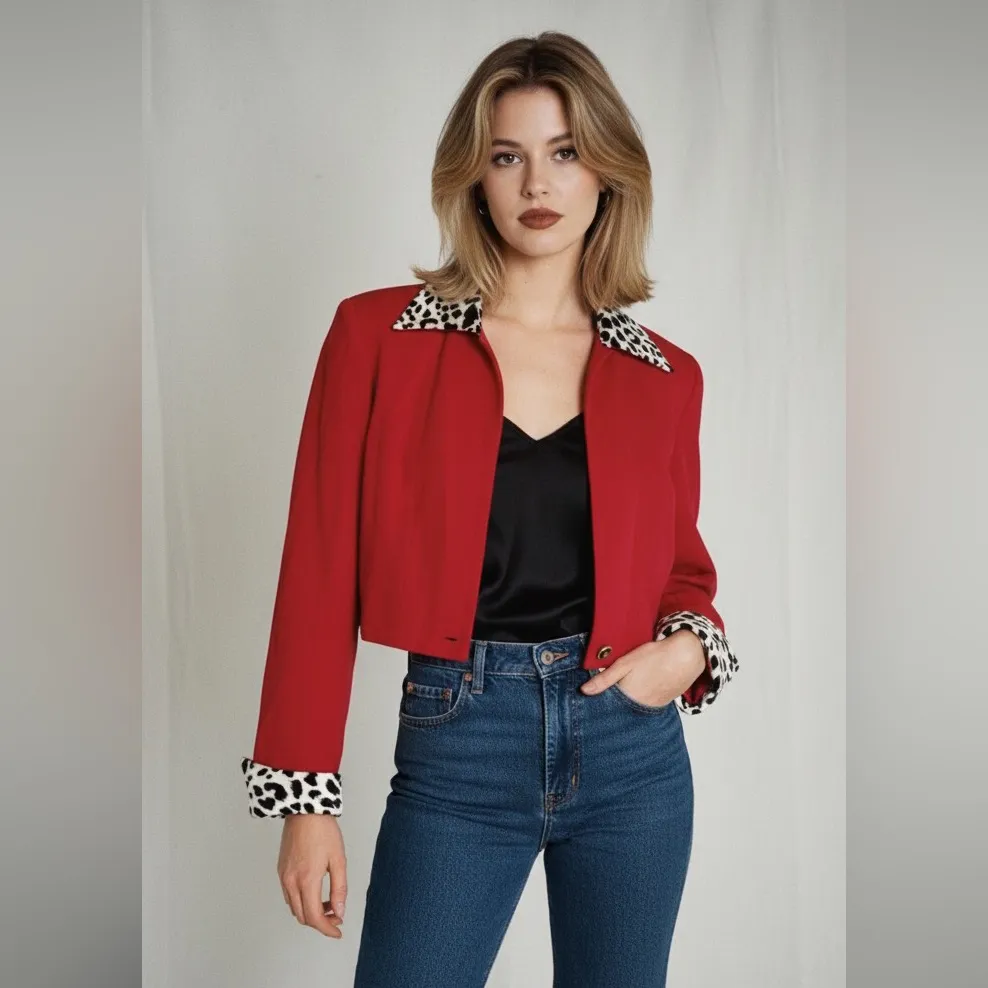 RARE‎ 90s Cache’ Vintage Crop Red Dalmatian Blazer Size 6 The Nanny - Image 8