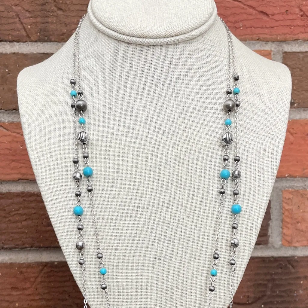 Layered Navajo Style Pearl & Turquoise Spaced Bead Necklaces Silver - Image 3