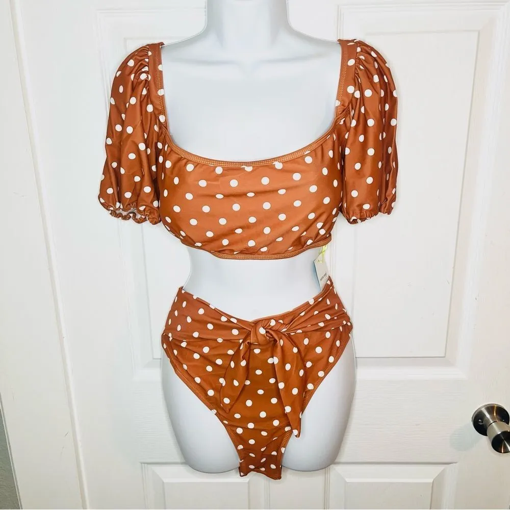 Marina West Brown White Polka Dot Two Piece Swimsuit Set Bikini Sleeve XL NWT Brown - Image 3