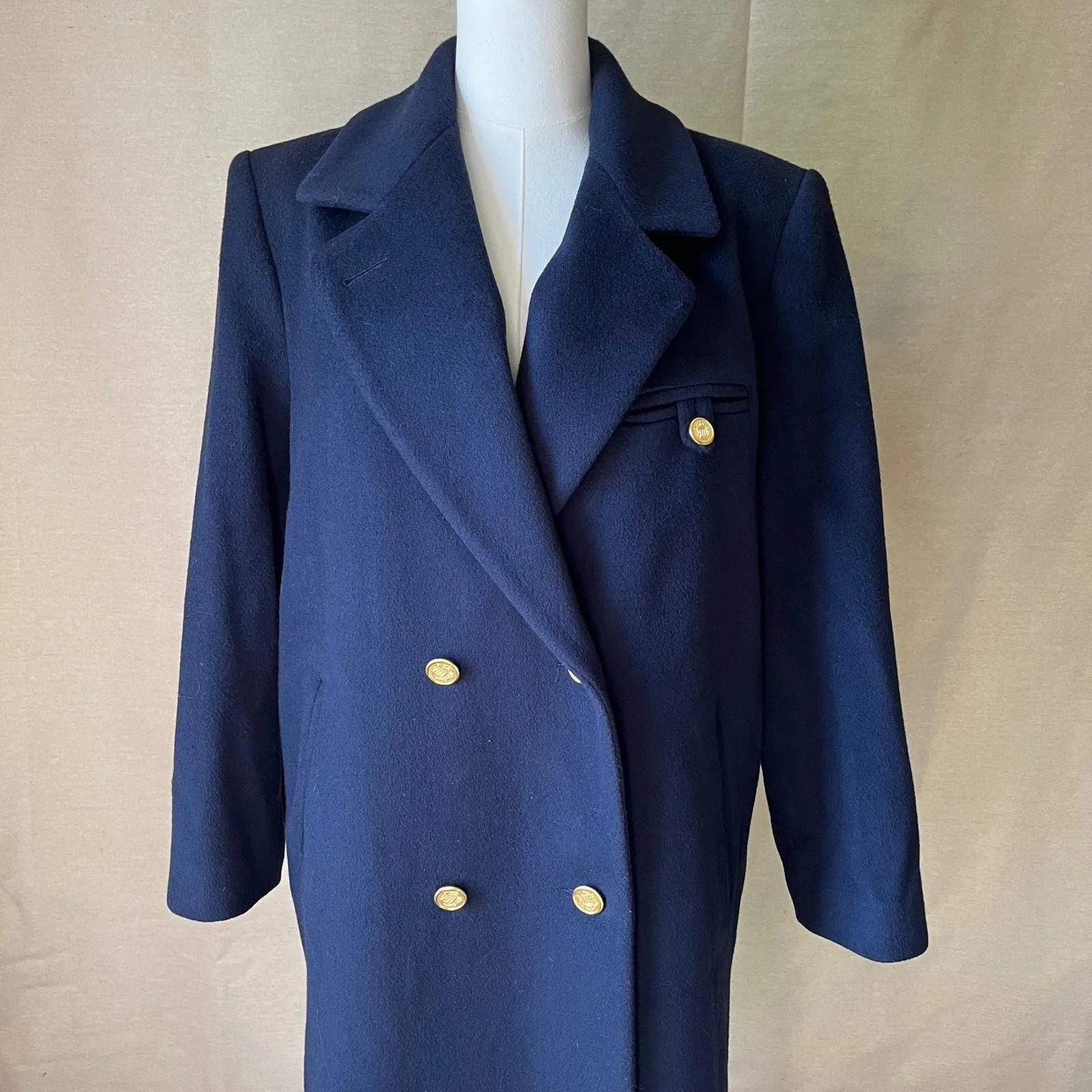Vintage Forecaster of Boston 100% Wool Navy Blue Long‎ Coat 7/8 Gold Button 80s - Image 3
